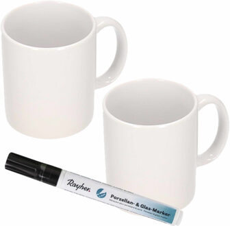 Shoppartners 2x stuks witte drink mokken van keramiek met een zwarte porseleijn marker stift - Maak uw eigen mokken