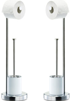 Shoppartners 2x Toiletborstels Met Toiletrolhouder Zilver Metaal 60 Cm - Toiletborstels Zilverkleurig