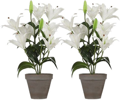 Shoppartners 2x Witte Tigerlily/tijgerlelie kunstplant 47 cm in grijze plastic pot - Kunstplanten/nepplanten