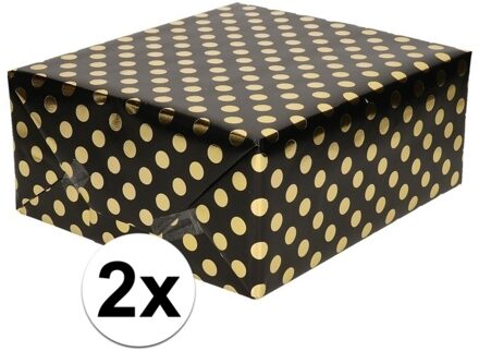 Shoppartners 2x Zwart folie geschenkpapier gouden stip 200 x 70 cm - Cadeaupapier