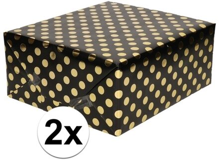 Shoppartners 2x Zwart folie inpakpapier/cadeaupapier gouden stip 200 x 70 cm