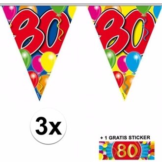 Shoppartners 3 Gekleurde slingers 80 jaar met sticker Multi