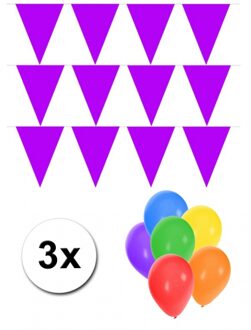 Shoppartners 3 paarse vlaggenlijnen groot incl ballonnen - Vlaggenlijnen