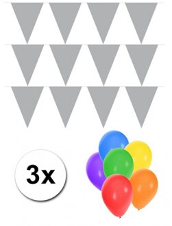 Shoppartners 3 zilveren vlaggenlijnen groot incl ballonnen - Vlaggenlijnen Zilverkleurig