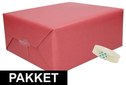 Shoppartners 3x Donker rood kraft inpakpapier met rolletje plakband pakket 14