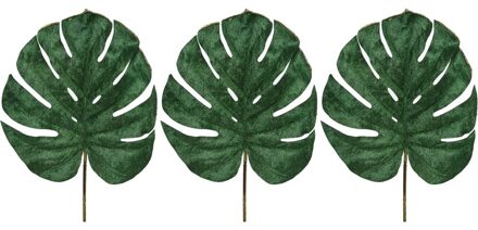 Shoppartners 3x Groene fluwelen Monstera/gatenplant kunsttak kunstplanten 80 cm - Kunstplanten/kunsttakken bladgroen - Kunstbloemen boeketten