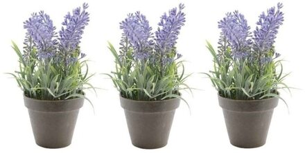 Shoppartners 3x Groene Lavandula/lavendel kunstplant 17 cm in zwarte plastic pot - Kunstplanten/nepplanten