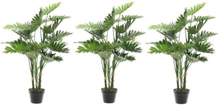 Shoppartners 3x Groene Philodendron Monstera/gatenplant kunstplant 100 cm in zwarte plastic pot - Kamerplant kunstplanten/nepplanten