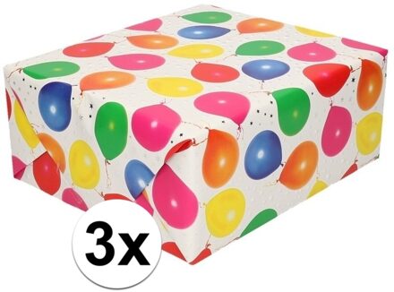 Shoppartners 3x Inpakpapier/cadeaupapier metallic wit ballonnen 150 x 70 cm