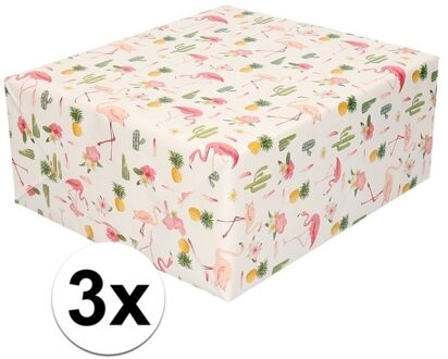 Shoppartners 3x Inpakpapier/cadeaupapier roze flamingos 200 x 70 cm Multi