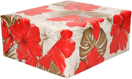 Shoppartners 3x Rollen Inpakpapier/cadeaupapier creme met bloemen rood en goud 200 x 70 cm - Cadeaupapier