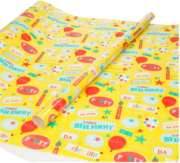 Shoppartners 3x rollen inpakpapier/cadeaupapier geel Happy Birthday 200 x 70 cm - Cadeaupapier