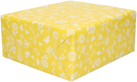 Shoppartners 3x Rollen Inpakpapier/cadeaupapier geel met witte bloemen en vlinders 200 x 70 cm - Cadeaupapier