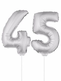 Shoppartners 45 jaar leeftijd feestartikelen - versiering cijfers - zilver - ballonnen op stokje - van 41 cm