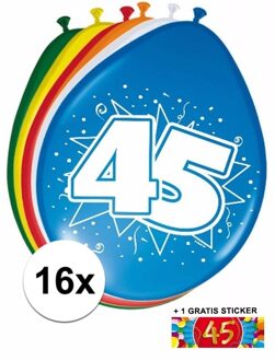 Shoppartners 45 jaar versiering - 16x leeftijd ballonnen - gratis sticker Multi