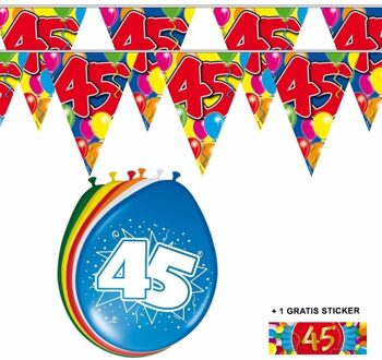 Shoppartners 45 jaar versiering set - kamer - 2x vlaggenlijnen - 8x ballonnen - gratis sticker Multi