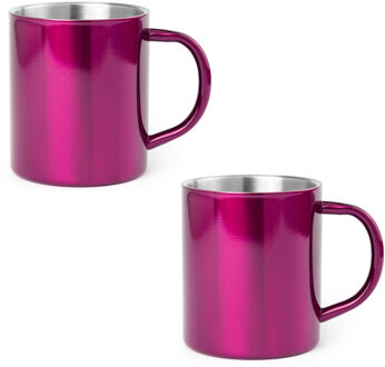 Shoppartners 4x Drinkbeker/mok fuchsia 280 ml - RVS - Fuchsia mokken/bekers voor onbijt en lunch