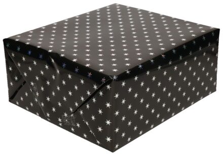 Shoppartners 4x rollen holografisch inpakpapier/cadeaupapier zwart met zilveren sterretjes 150 cm