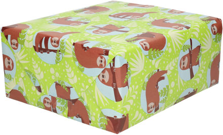 Shoppartners 4x Rollen Inpakpapier/cadeaupapier groen met luiaard print 200 x 70 cm rol