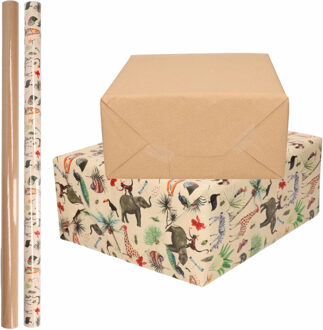 Shoppartners 4x Rollen kraft inpakpapier jungle/oerwoud pakket - dieren/bruin 200 x 70 cm