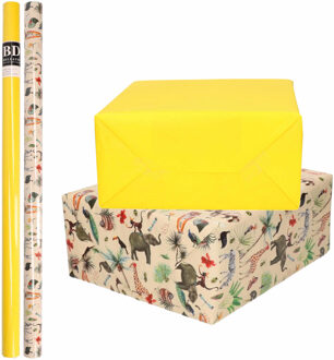 Shoppartners 4x Rollen kraft inpakpapier jungle/oerwoud pakket - dieren/geel 200 x 70 cm