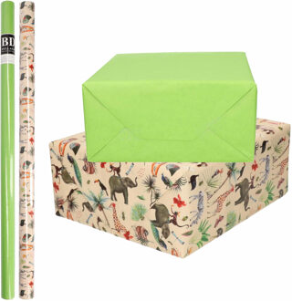 Shoppartners 4x Rollen kraft inpakpapier jungle/oerwoud pakket - dieren/groen 200 x 70 cm - Cadeaupapier