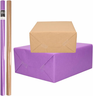 Shoppartners 4x Rollen kraft inpakpapier/kaftpapier pakket bruin/paars 200 x 70 cm