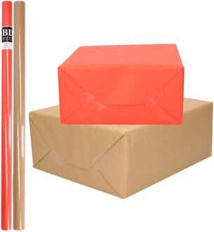Shoppartners 4x Rollen kraft inpakpapier/kaftpapier pakket bruin/rood 200 x 70 cm