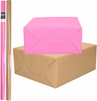 Shoppartners 4x Rollen kraft inpakpapier/kaftpapier pakket bruin/roze 200 x 70 cm