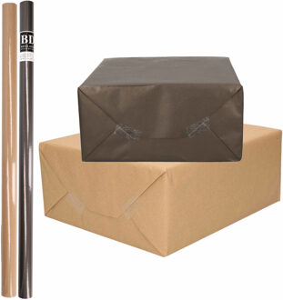 Shoppartners 4x Rollen kraft inpakpapier/kaftpapier pakket bruin/zwart 200 x 70 cm