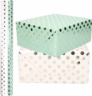 Shoppartners 4x Rollen luxe folie inpakpapier zilveren stippen pakket - mintgroen/wit 200 x 70 cm - Cadeaupapier