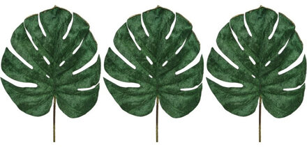 Shoppartners 4x stuks groene fluwelen Monstera/gatenplant kunsttak kunstplanten 80 cm - Kunstplanten/kunsttakken bladgroen - Kunstbloemen boeketten