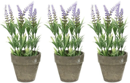 Shoppartners 4x stuks groene/lilapaarse Lavandula/lavendel kunstplant 25 cm in grijze betonlook pot - Kunstplanten/nepplanten