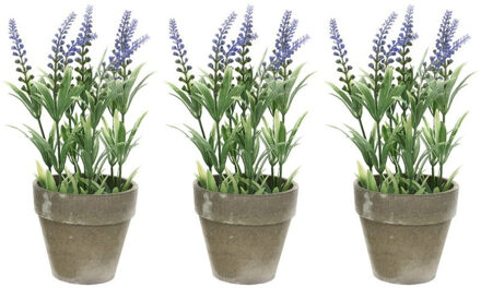 Shoppartners 4x stuks groene/paarse Lavandula/lavendel kunstplant 25 cm in grijze betonlook pot - Kunstplanten/nepplanten