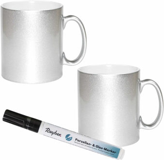 Shoppartners 4x stuks zilveren drink mokken van keramiek met een zwarte porseleijn marker stift - Maak uw eigen mokken