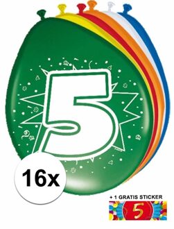 Shoppartners 5 jaar versiering - 16x leeftijd ballonnen - gratis sticker Multi