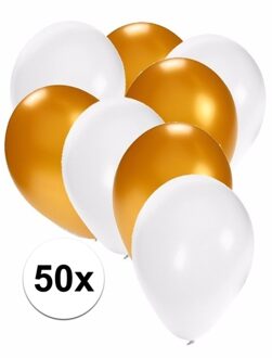 Shoppartners 50x ballonnen - 27 cm - goud / witte versiering