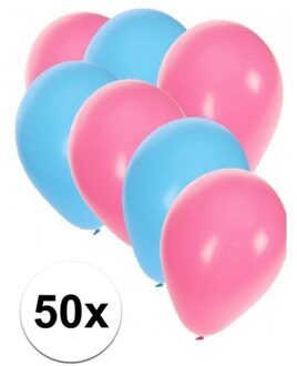 Shoppartners 50x ballonnen - 27 cm - lichtblauw / lichtroze versiering
