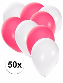 Shoppartners 50x ballonnen - 27 cm - wit / roze versiering