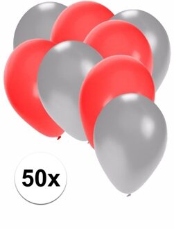 Shoppartners 50x ballonnen - 27 cm - zilver / rode versiering Multi