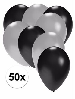 Shoppartners 50x ballonnen - 27 cm - zilver / zwarte versiering