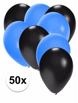 Shoppartners 50x ballonnen - 27 cm - zwart / blauwe versiering Multi