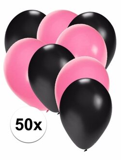 Shoppartners 50x ballonnen - 27 cm - zwart / lichtroze versiering Multi