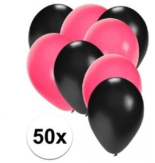 Shoppartners 50x ballonnen - 27 cm - zwart / roze versiering