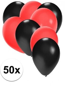 Shoppartners 50x stuks ballonnen - zwart en rood - ronde knoopballonnen - versiering - feestartikelen Multi