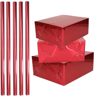 Shoppartners 5x Rollen inpakpapier / cadeaufolie metallic rood 200 x 70 cm