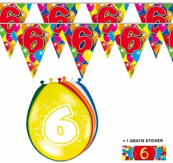 Shoppartners 6 jaar versiering set - kamer - 2x vlaggenlijnen - 8x ballonnen - gratis sticker Multi