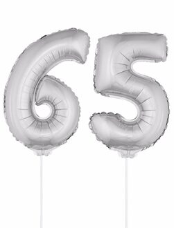 Shoppartners 65 jaar leeftijd feestartikelen - versiering cijfers - zilver - ballonnen op stokje - van 41 cm