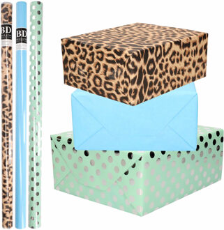Shoppartners 6x Rollen kraft inpakpapier/folie pakket - panterprint/blauw/groen zilveren stippen 200 x 70 cm