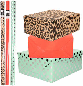 Shoppartners 6x Rollen kraft inpakpapier/folie pakket - panterprint/rood/mintgroen zilver stippen 200 x 70 cm - Cadeaupapier